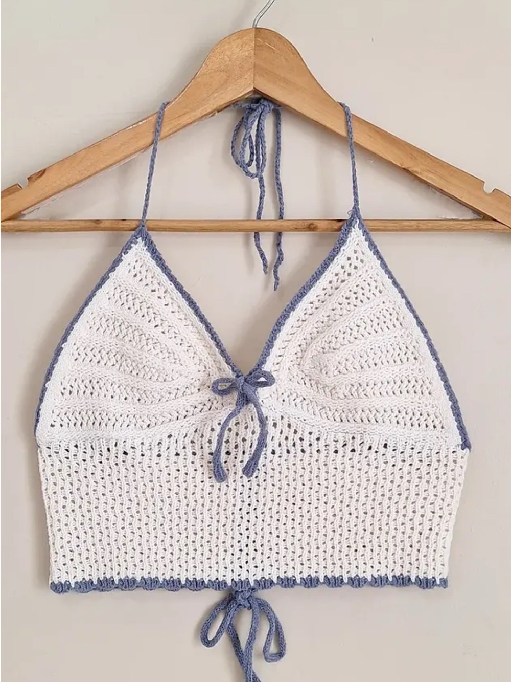 White Crochet Halter Crop Top with Blue Trim Tie Up Back